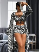 Three-Piece Set Women's All Over Print Bikini Set, Casual Colorblock Three-piece Swimsuit for Beach Holiday Vacation, Ladies ...