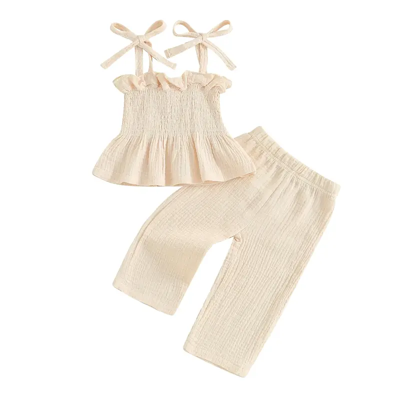 Toddler Baby Girl Summer Clothes Cotton Linen Sleeveless Ruffle Smocked Strap Top Lace Pants 2Pcs Outfit