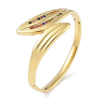 304 Stainless Steel Rhinestone Leaf Hinged Bangles for Women