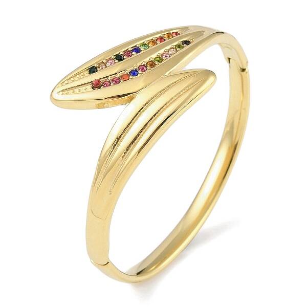 304 Stainless Steel Rhinestone Leaf Hinged Bangles for Women