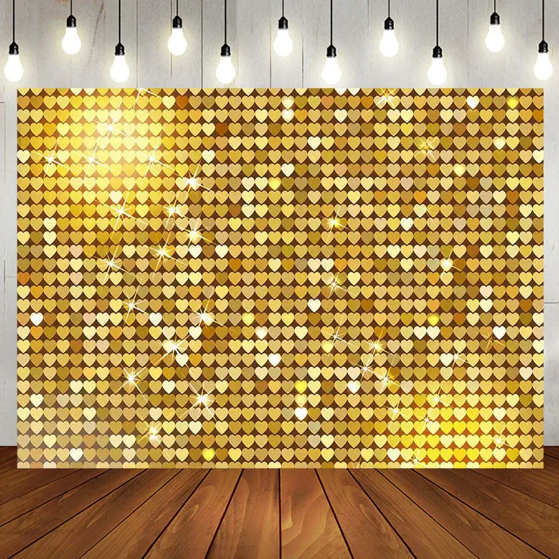 Gold Heart Sequins Glitter Happy Birthday Backdrop - Aperturee