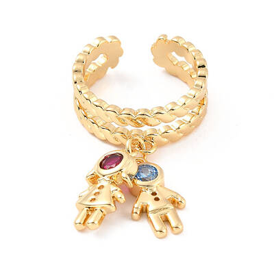 Cubic Zirconia Boy and Girl Charm Open Cuff Ring