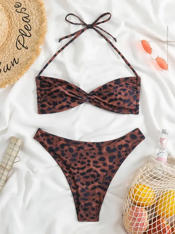 Two-piece Set Women's Leopard Print Bikini Sets, Sexy Twist Halter Tie Back Swim Top & Swim Thong Swimsuit Set, Bathing Suits...
