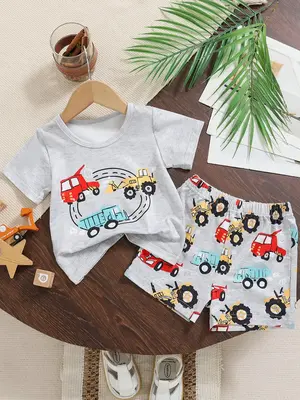 Baby Boy's Cartoon Car Print Short Sleeve Tee & Elastic Waist Shorts Two-Piece Set, Casual Round Neck T-shirt & Shorts, Summe...