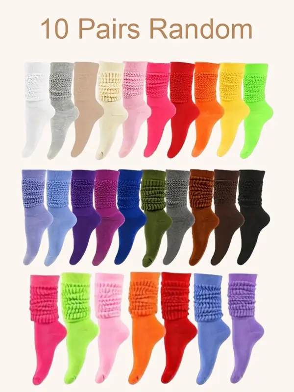 Random 10 Pairs Women's Solid Over The Calf Slouch Socks, Casual Comfy Warm Socks for Fall & Winter, Women's Socks for Daily ...