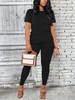 Women's Solid Round Neck Tee & Leggings Matching Set, Summer Clothes, Crew Neck Short Sleeve T-shirt & Skinny Pants Workout S...
