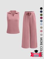 Women's Solid Color Tank Top & Wide Leg Cropped Pants, Casual Sleeveless Top & Drawstring Waist Cropped Pants for Daily Wear,...