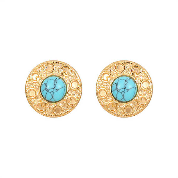Synthetic Turquoise Flat Round Stud Earrings