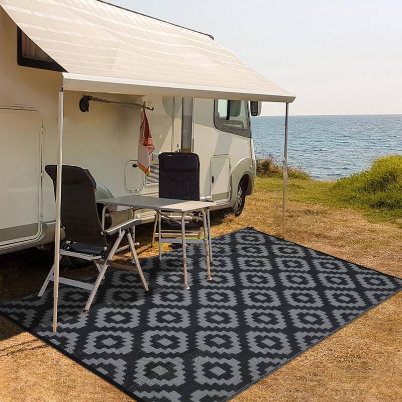 Garvee Outdoor Black & Grey 10x14 Rug Waterproof Reversible UV-Resistant Plastic Straw Rug with Carry Bag and Stakes for Camp...