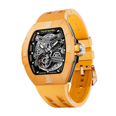 TSAR BOMBA Men's Automatic Skeleton Watch | Interchangeable Luxury Design | Dynamic Yellow | Atomic TB8218 | Fluororubber