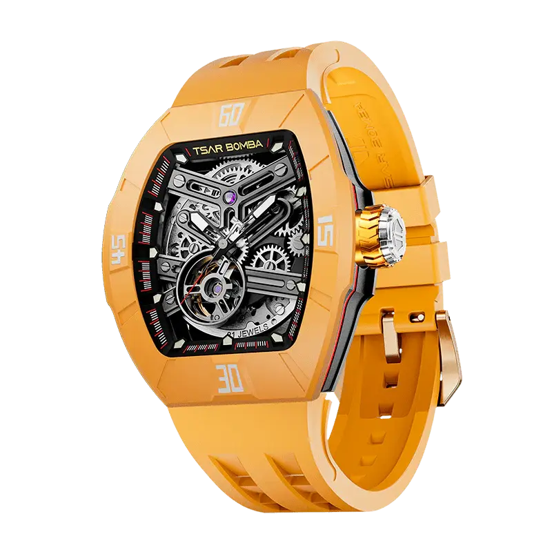 TSAR BOMBA Men's Automatic Skeleton Watch | Interchangeable Luxury Design | Dynamic Yellow | Atomic TB8218 | Fluororubber