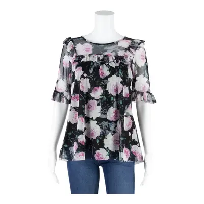KATE & MALLORY Y2K Mesh Top Black Floral Short Sleeve Womens L