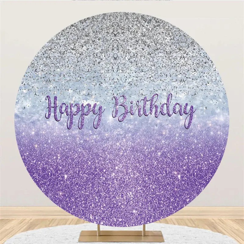 Aperturee Silver And Purple Glitter Round Happy Birthday Backdrop | Circle Party Backdrop | Round Birthday Backdrop Cover | R...