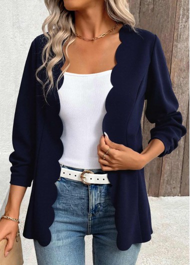 Modlily Navy Scalloped Hem 3/4 Sleeve Light Cardigan - M
