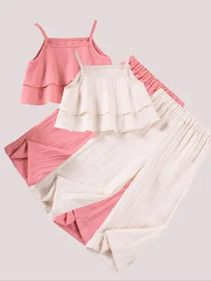 Toddler Girl's Solid Crop Cami Top & Wide Leg Pants Co-ord Set, Cute Casual Sleeveless Spaghetti Strap Top & Trousers for Sum...