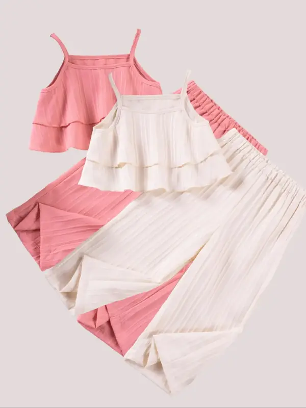 Toddler Girl's Solid Crop Cami Top & Wide Leg Pants Co-ord Set, Cute Casual Sleeveless Spaghetti Strap Top & Trousers for Sum...