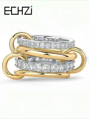 14k Gold Plated Interlocked Stackable Rings for Women, Statement Mixed Metals Multi Ring Stack, Cubic Zirconia Two-toned Conn...