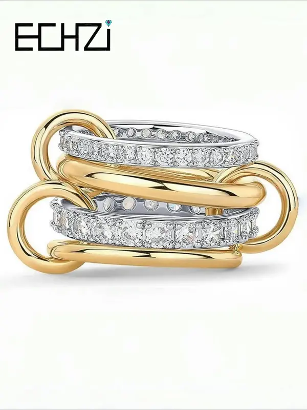 14k Gold Plated Interlocked Stackable Rings for Women, Statement Mixed Metals Multi Ring Stack, Cubic Zirconia Two-toned Conn...
