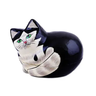 NOVICA Majestic Cat Hand-Painted Papier Mache Cat Decorative Box from India