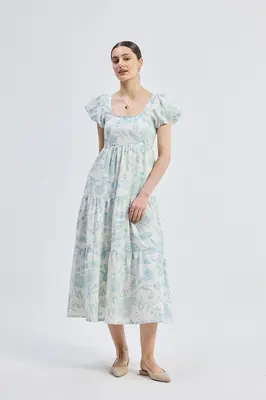 Puff Sleeve Tiered Maxi Dress in Blue Florals | Color: Floral Melody | Size: 2XL