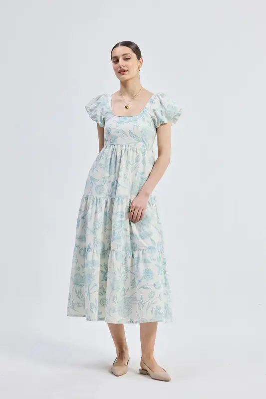 Puff Sleeve Tiered Maxi Dress in Blue Florals | Color: Floral Melody | Size: 2XL
