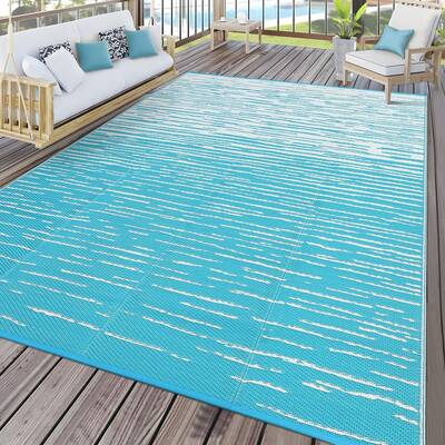 Garvee Waterproof & Reversible Outdoor Patio Rug 9x12ft - Modern UV Resistant Plastic Straw Carpet - Striped Design for Deck,...