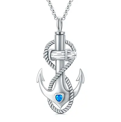 Sterling Silver Heart Shaped Cubic Zirconia Anchor Urn Necklace for Ashes