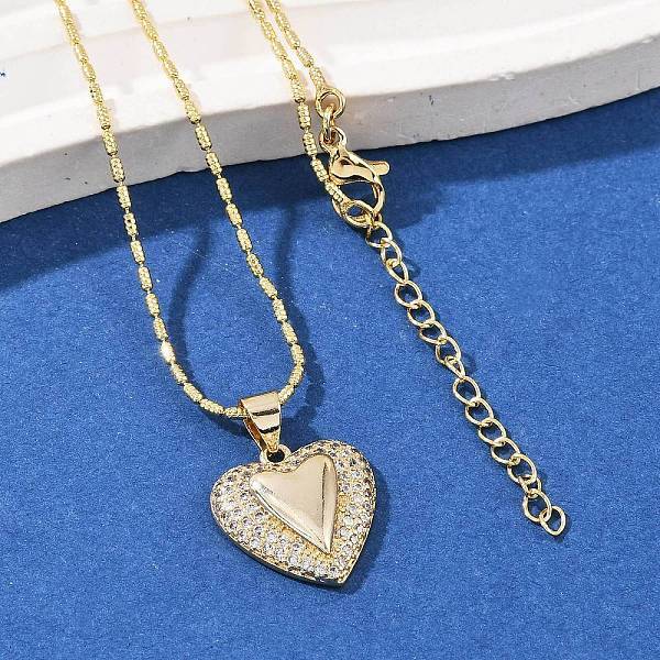 Brass Micro Pave Clear Cubic Zirconia Heart Pendant Necklaces