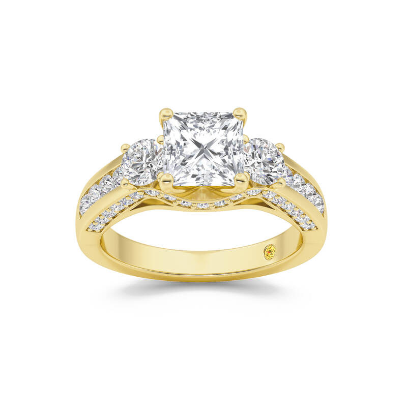 Aarhus Pavé Set Hidden Accent Three Stone Princess Cut Lab Grown Cathedral Diamond Engagement Ring | 10K Yellow Gold 5 CT. T...