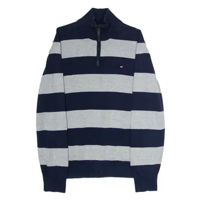 TOMMY HILFIGER Mens Patterned Jumper Grey Striped 1/4 Zip Tight Knit L