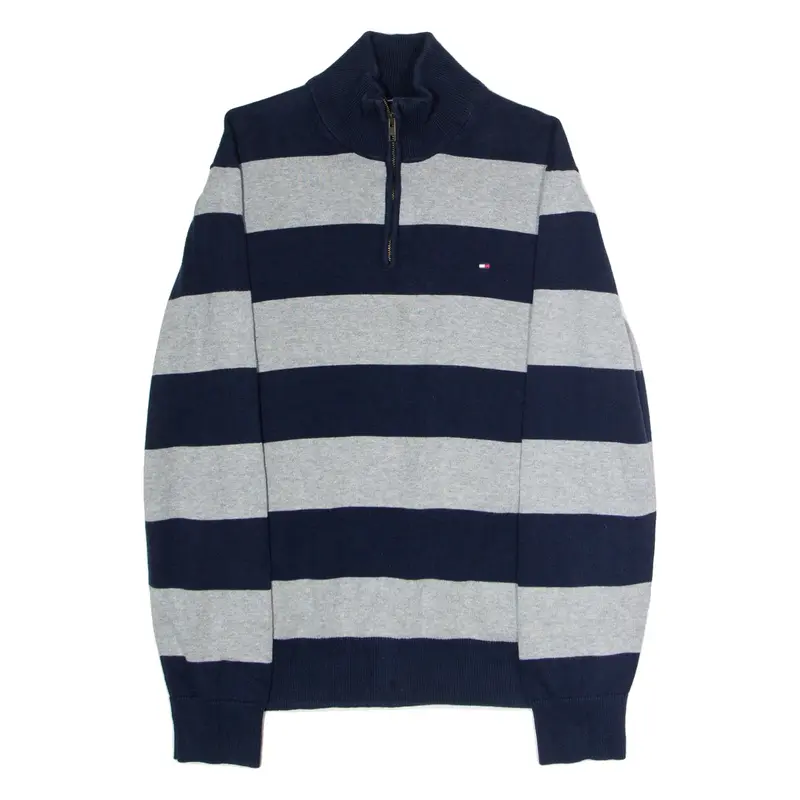 TOMMY HILFIGER Mens Patterned Jumper Grey Striped 1/4 Zip Tight Knit L