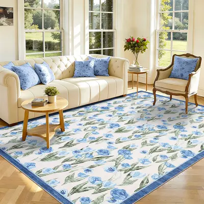 Garvee Ultra Thin Washable Area Rug - Modern Floral Carpet for Living Room, Bedroom, Nursery, or Dining Room - Low Pile, Non ...