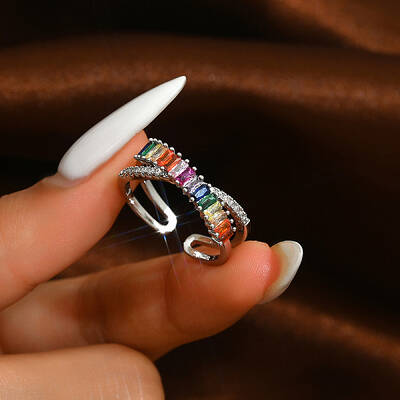 Vintage European Style Brass Colorful Cubic Zirconia Open Cuff Ring