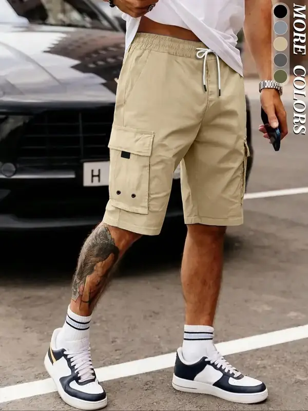 Men's Solid Drawstring Pocket Cargo Shorts, Casual Regular Fit Elastic Waist Shorts for Summer, Men's Shorts, Shorts for Men,...