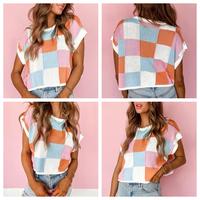 DEAR LOVER Women's Color Block Cap Sleeve Sweater for Summer&Spring, Plaid Lightweight Knitwear