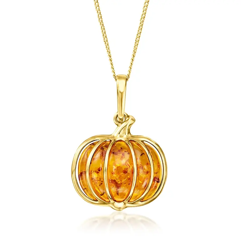 Sterling Silver with Yellow Gold Plated Amber Pumpkin Pendant Halloween Autumn Necklace