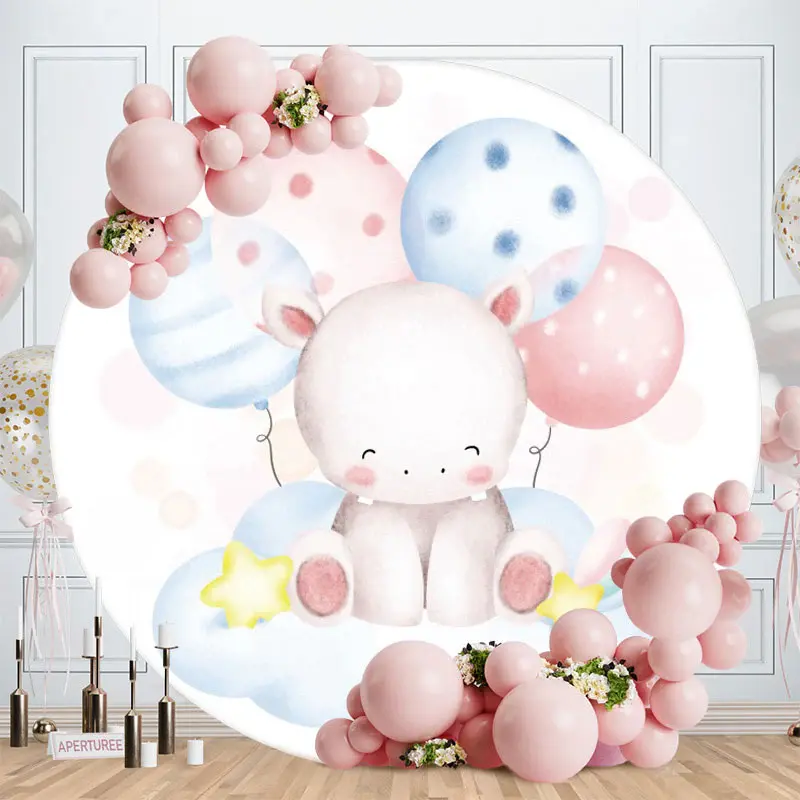 Aperturee Ballons And Hippo Round Baby Shower Backdrop