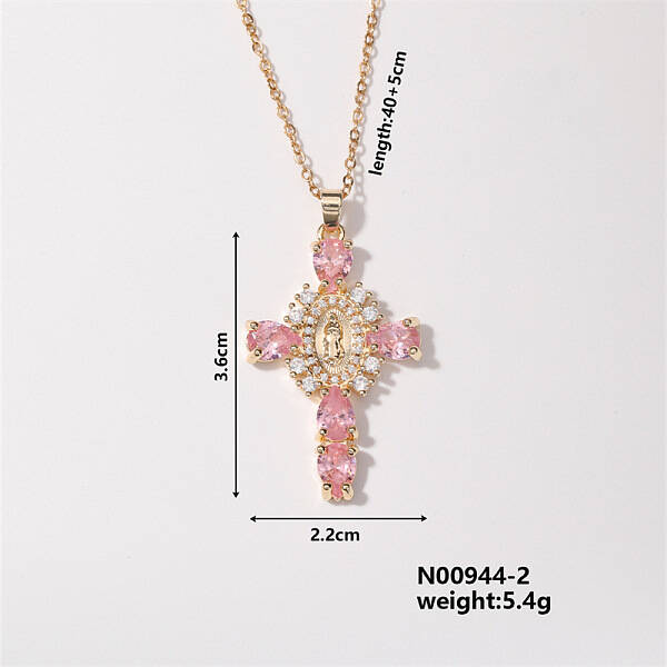 Elegant Vintage Corss with Virgin Mary Brass Micro Pave Cubic Zirconia Pendant Necklaces
