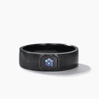 Black Gold Hexagon Cut Alexandrite Mens Wedding Band Anniversary Ring 5-6mm
