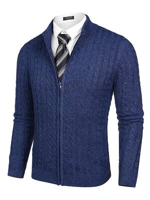 Cardigan Knitted Zip Up Sweater with Pockets (US Only), Blue / XXL