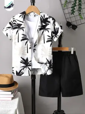 Two-Piece Set Boy's Plants Print Short Sleeve Shirt & Elastic Waist Shorts, Casual Summer Clothes for Kids Outdoor Holiday Va...