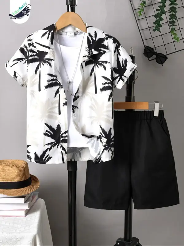 Two-Piece Set Boy's Plants Print Short Sleeve Shirt & Elastic Waist Shorts, Casual Summer Clothes for Kids Outdoor Holiday Va...