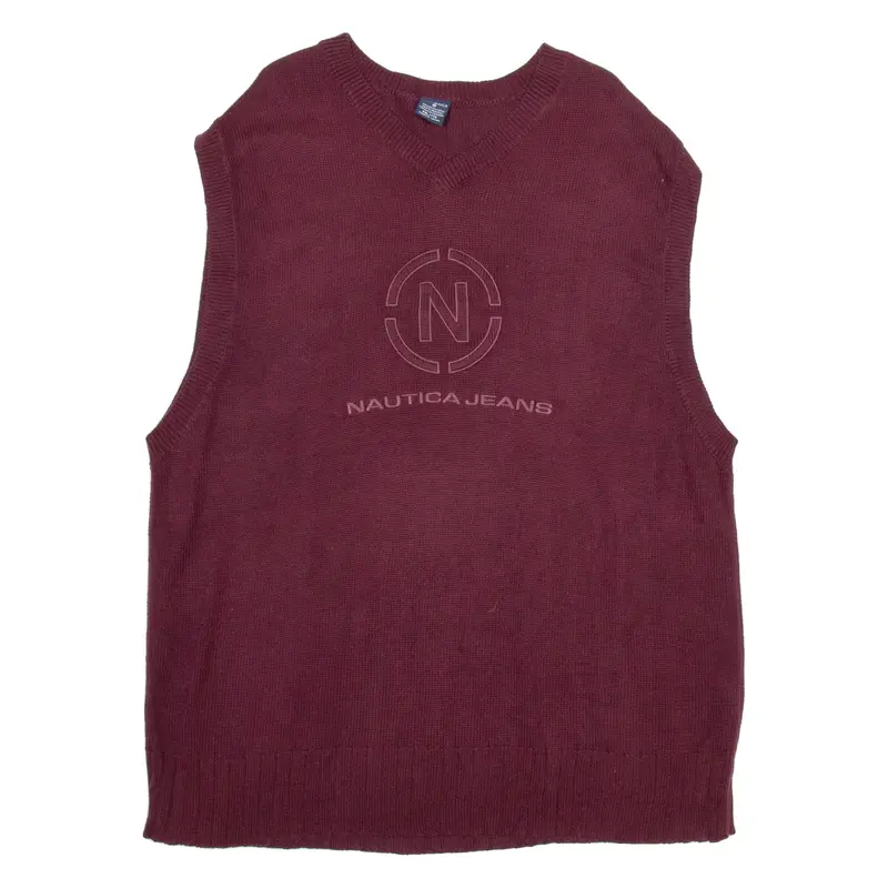 NAUTICA Womens Patterned Vest Maroon V-Neck Chunky Knit Sleeveless 2XL