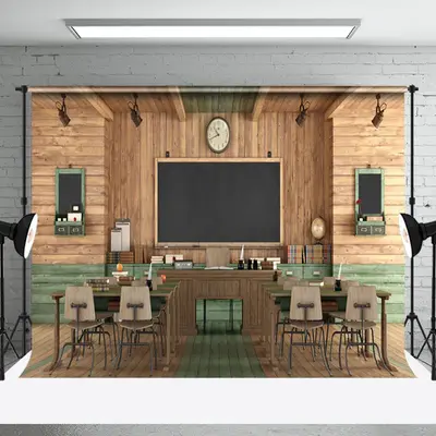 Aperturee Serene Wooden Classroom Interior Organized Backdrop