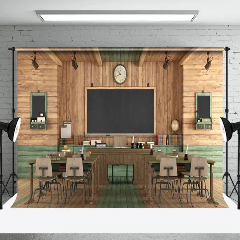 Aperturee Serene Wooden Classroom Interior Organized Backdrop