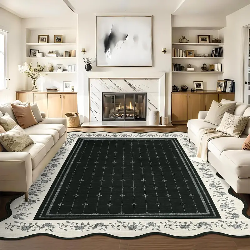 Garvee Scalloped Floral Area Rug 5x7 Low-Pile Non-Slip Polyester Stain-Resistant Machine Washable for Living Room Bedroom Nur...