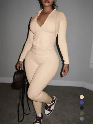 Two-piece Set Women's Solid Color Zip Up Drawstring Hooded Top & Pants, Fall Outfits, Casual Long Sleeve Top & Trousers for F...