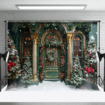 Retro Green Gold Door Trees Snow Christmas Backdrop