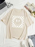 Women's Cartoon Face & Plaid Print Round Neck Graphic Tee, Vintage Trendy Casual Drop Shoulder Half Sleeve T-shirt for Daily ...