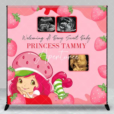 Aperturee Pink Strawberry Custom Name Photo Baby Shower Backdrop, 3X3FT(1X1M), 15 USD, custom baby shower backdrops, DZXQ1X83...